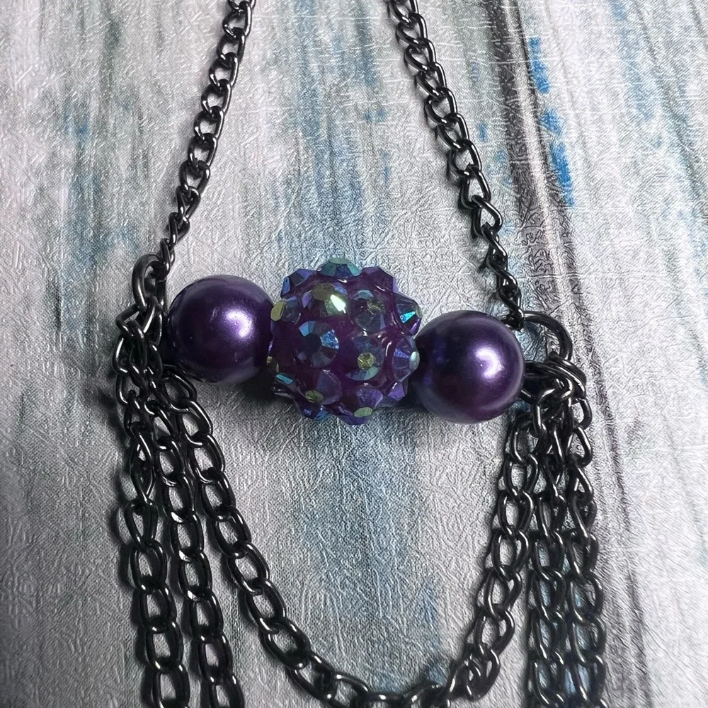 Purple bead and gunmetal chain long dangle earrings